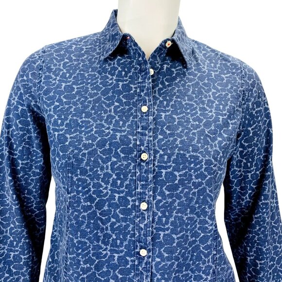 Talbots Womens Chambray Shirt Button Front Blue Animal Print Roll Sleeve Size 14 - Picture 4 of 12